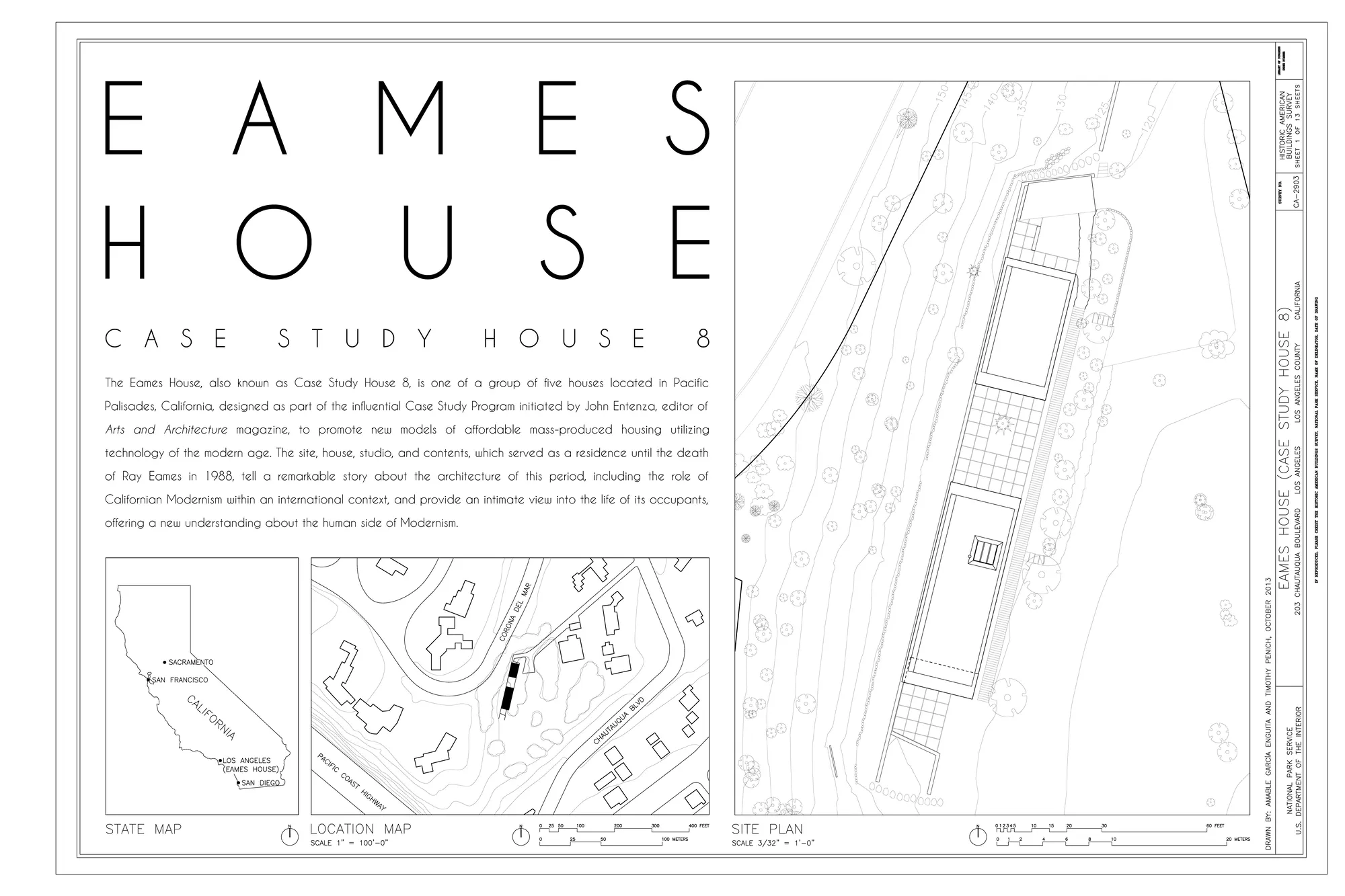 Measured drawing: location map and site plan of the Eames House, Pacific Palisades.