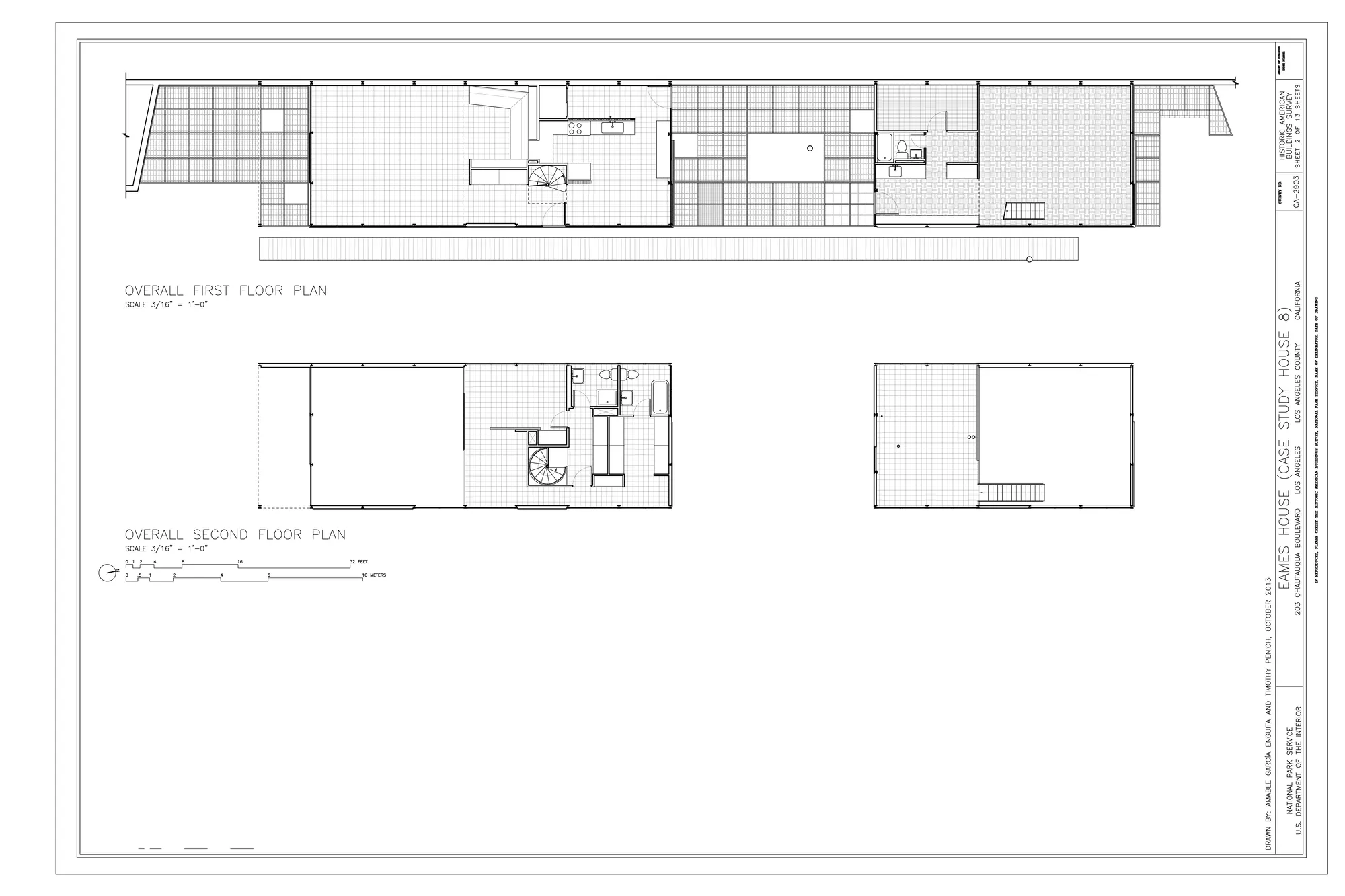 Measured drawing: overall first and second floor plans of the Eames House and studio.