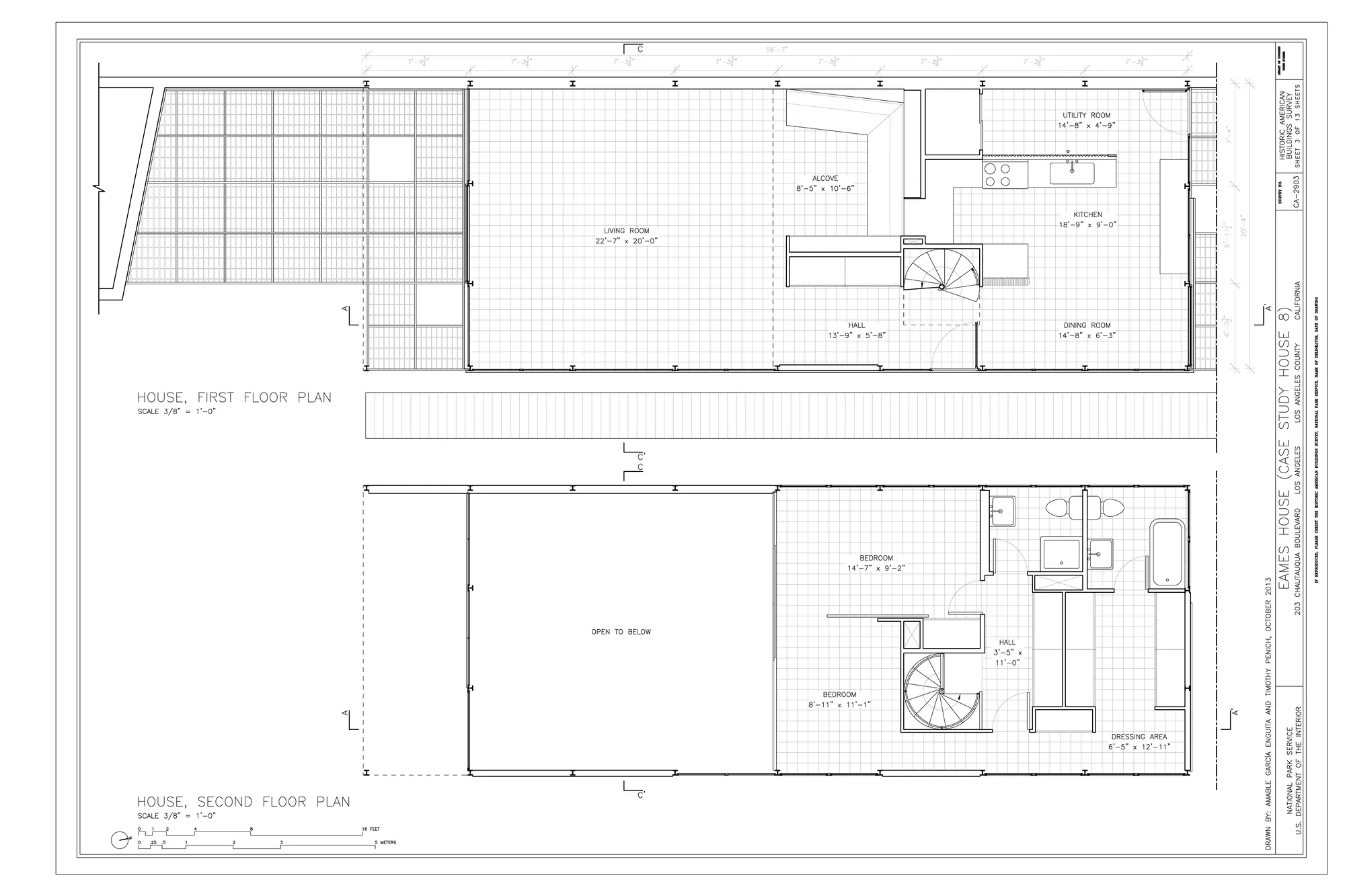 Measured drawing: floor plans of the Eames House.