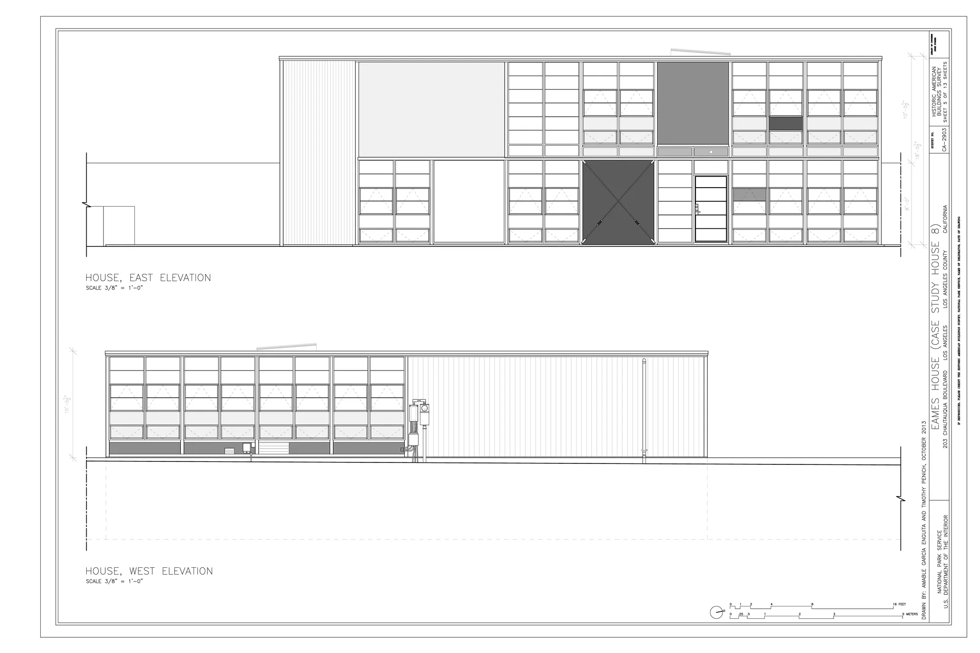 Measured drawing: east and west elevations of the Eames House.