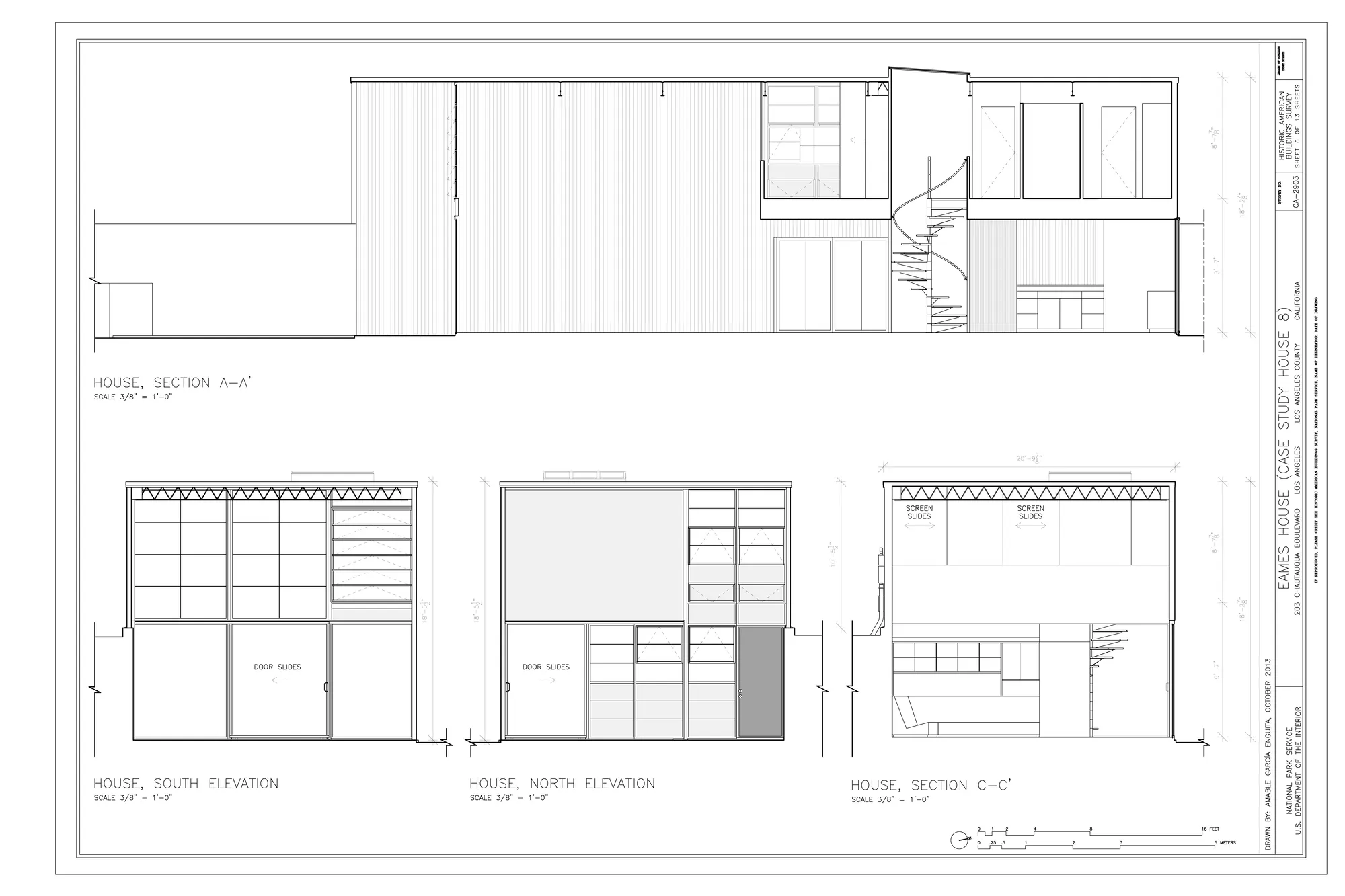 Measured drawing: sections and elevations of the Eames House.