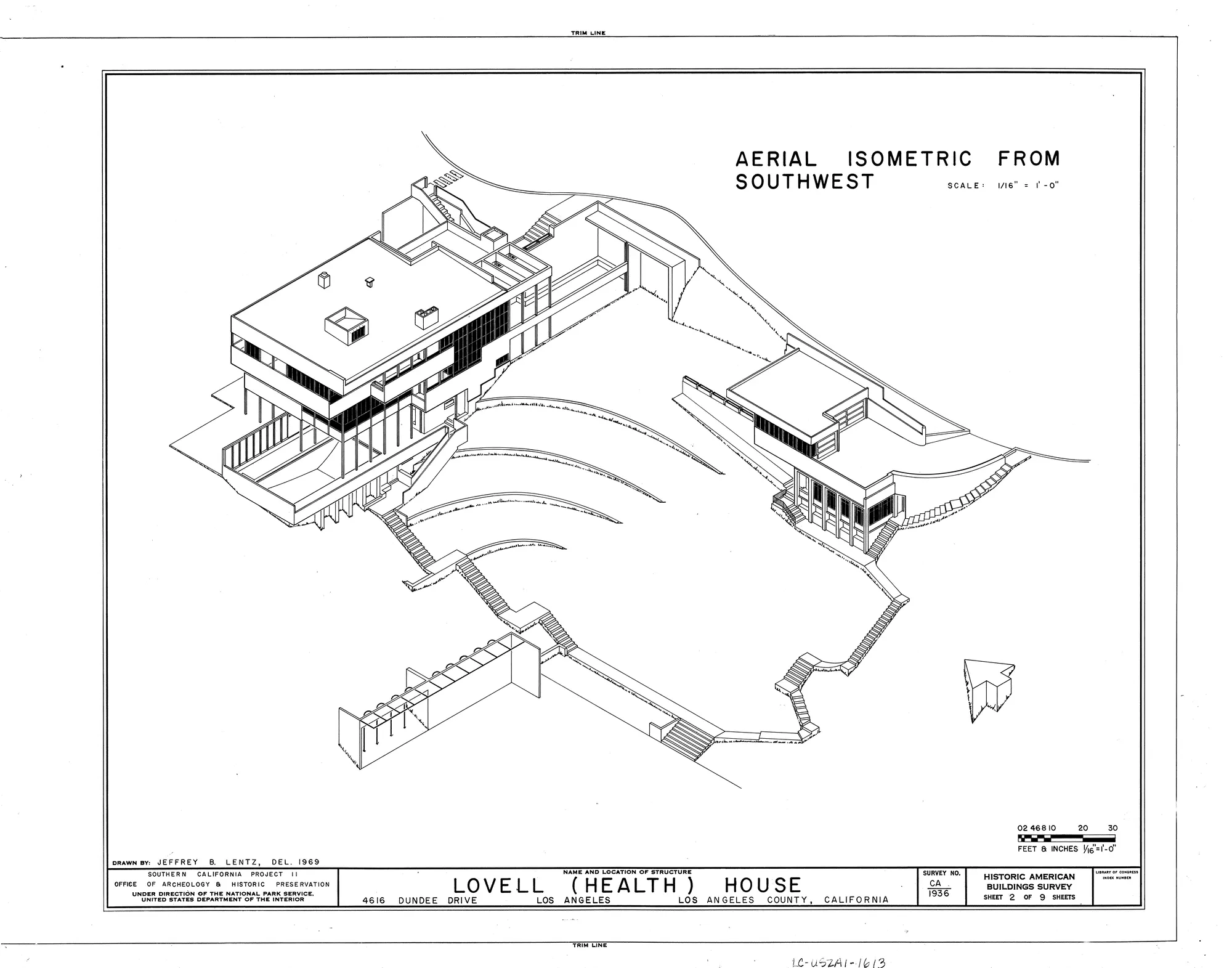 Measured drawing: aerial isometric of the Lovell Health House from the southwest, with its hillside stairs and pool.