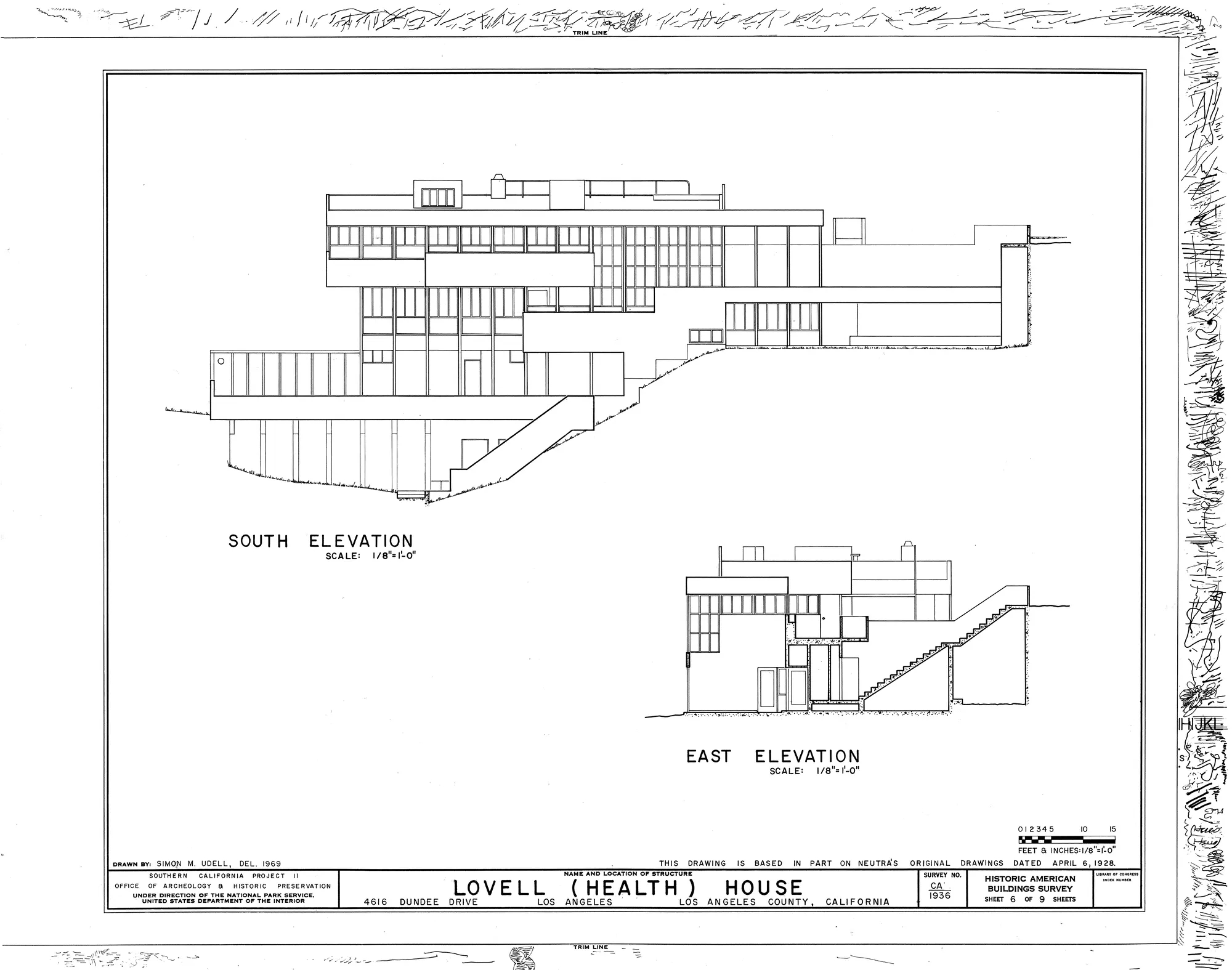 Measured drawing: south and east elevations of the Lovell Health House.