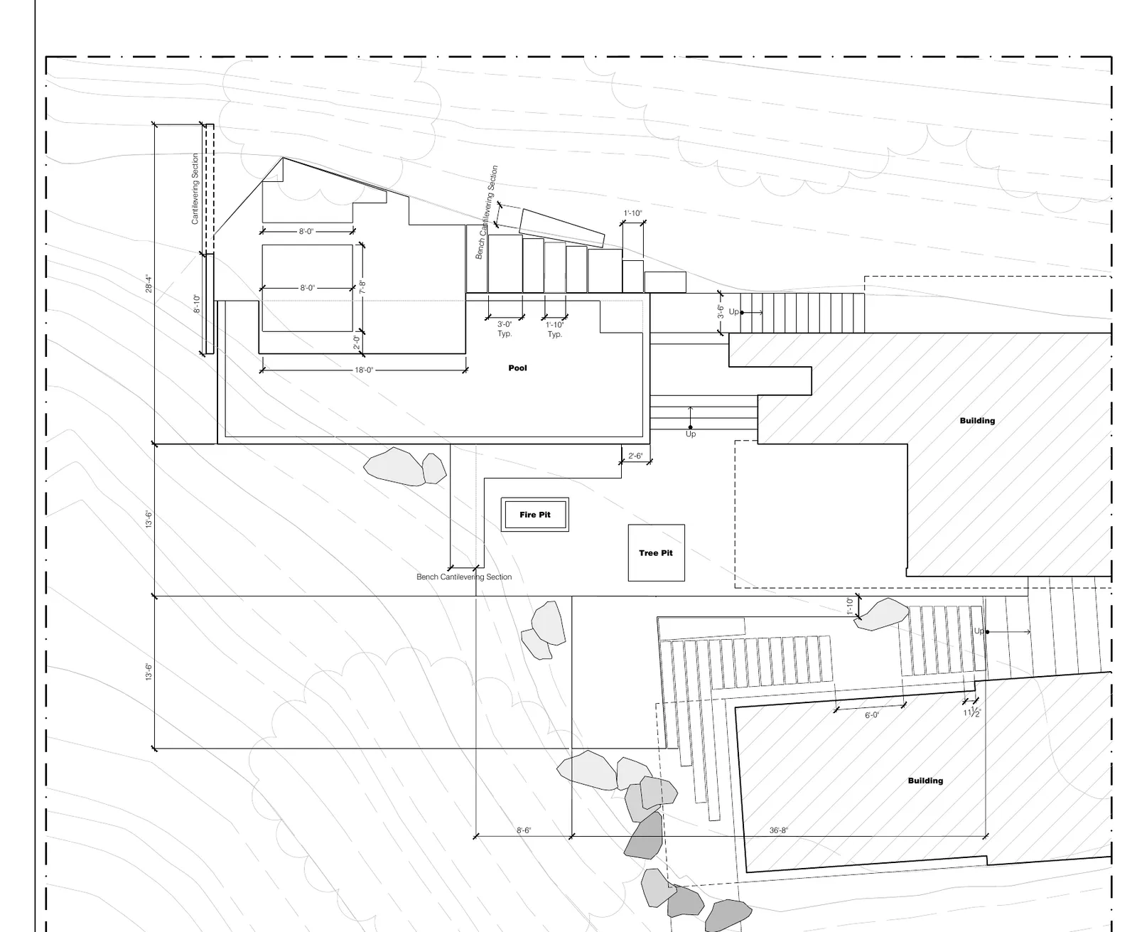 Layout plan of 20737 Cool Oak Way, Malibu: terraces, steps and the pool drawn against the hillside.