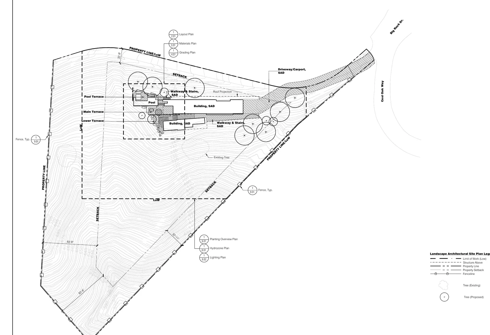 Site plan of 20737 Cool Oak Way, Malibu, the house and terraces set along the canyon's contours.