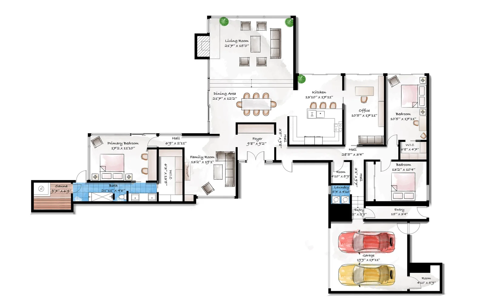 The watercolour floor plan of the house.