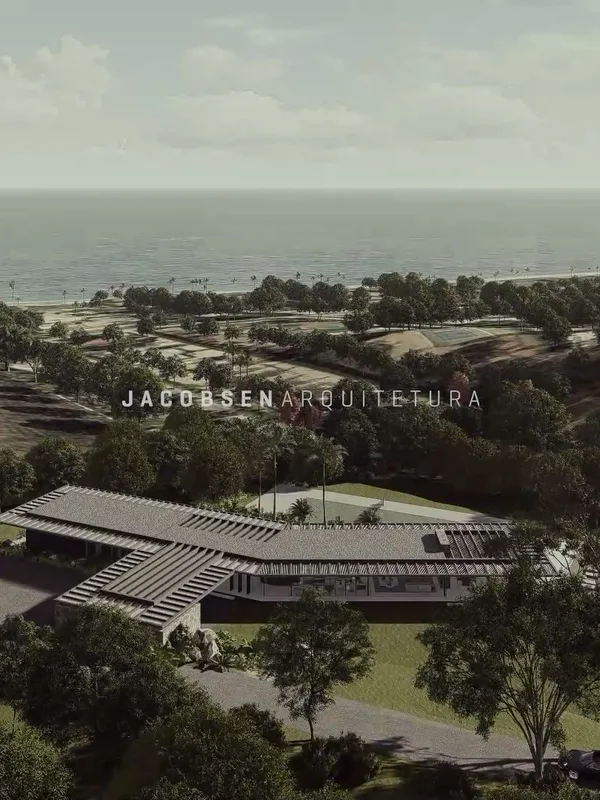 Deerhead Road, rendered from the air: the house, its pool and terraces above the coast.