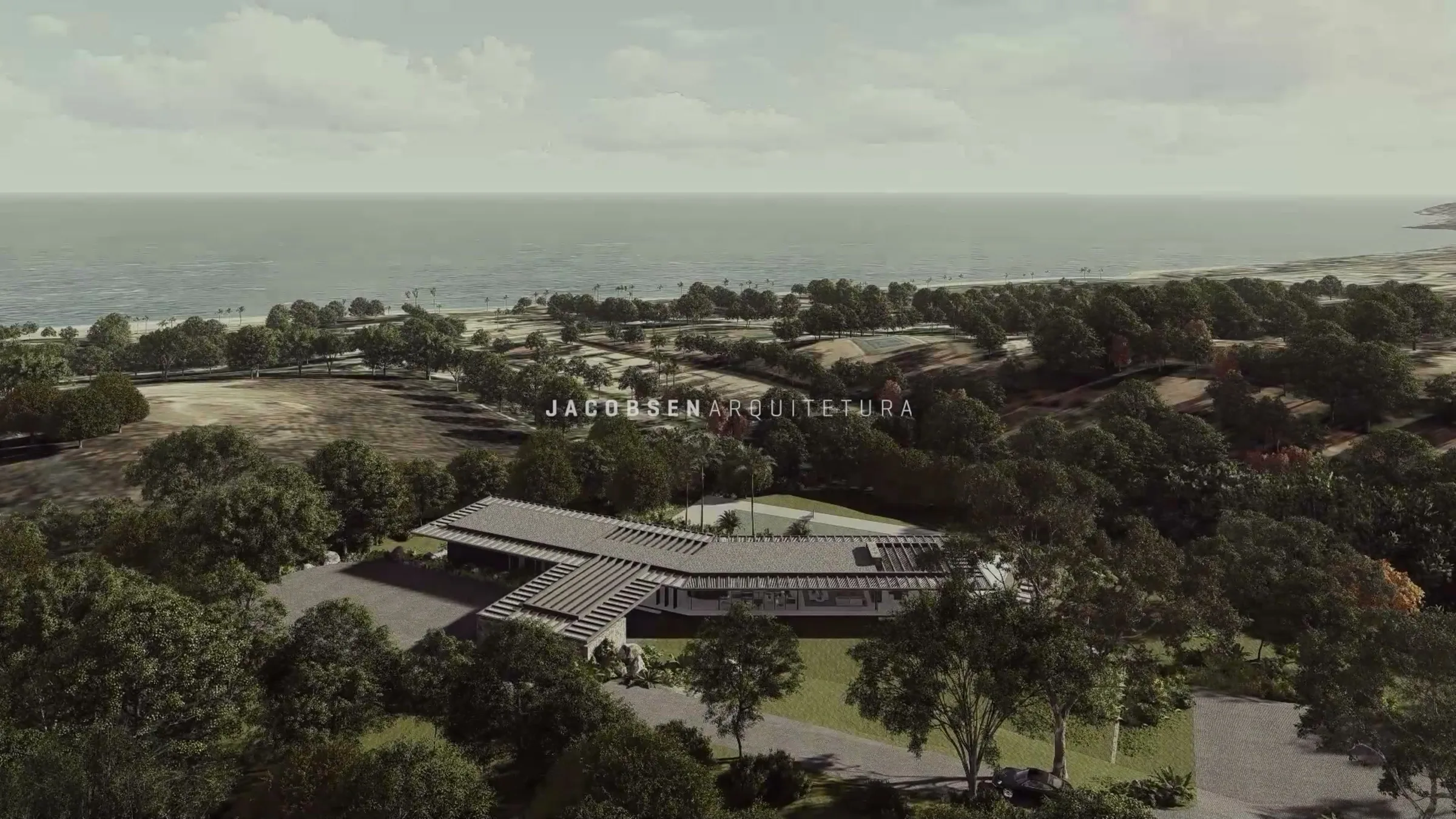 Deerhead Road, rendered from the air: the house, its pool and terraces above the coast.