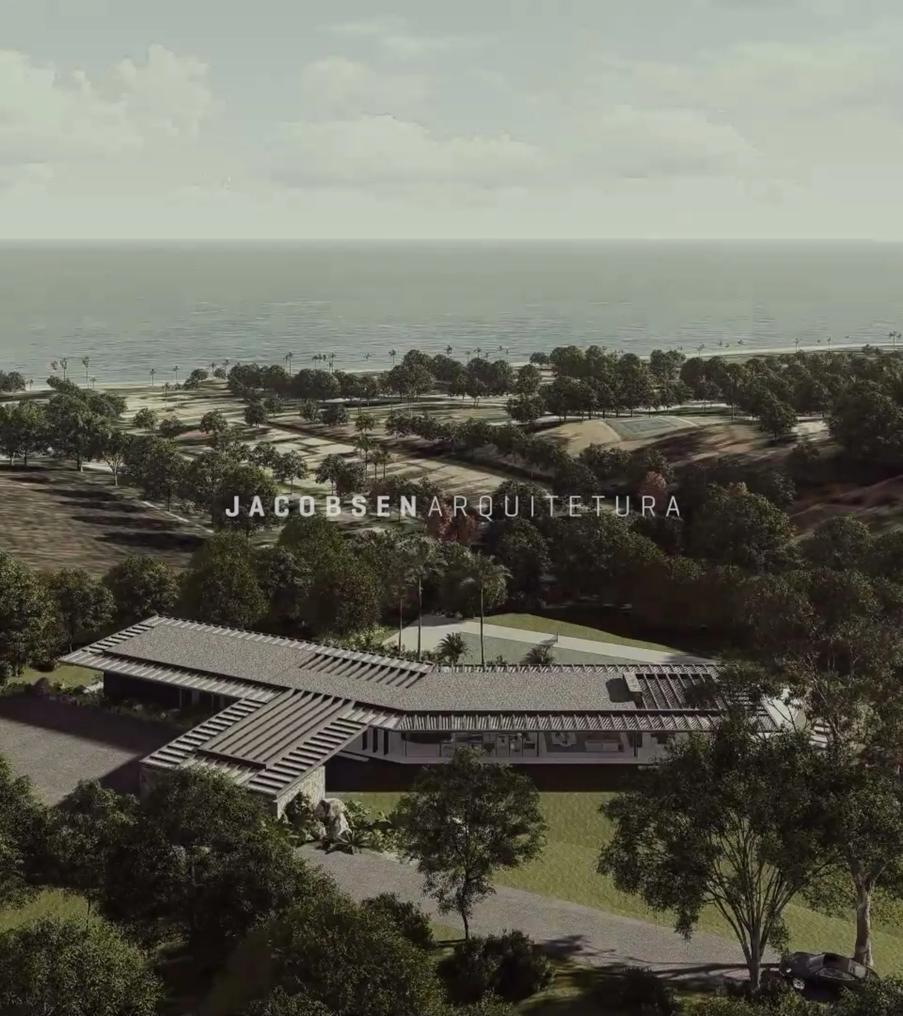 Deerhead Road, rendered from the air: the house, its pool and terraces above the coast.