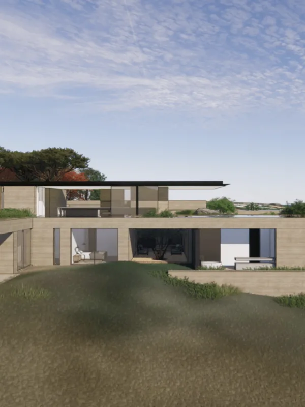 Floris Heights, rendered: a long low house set into a grassy Malibu hillside.