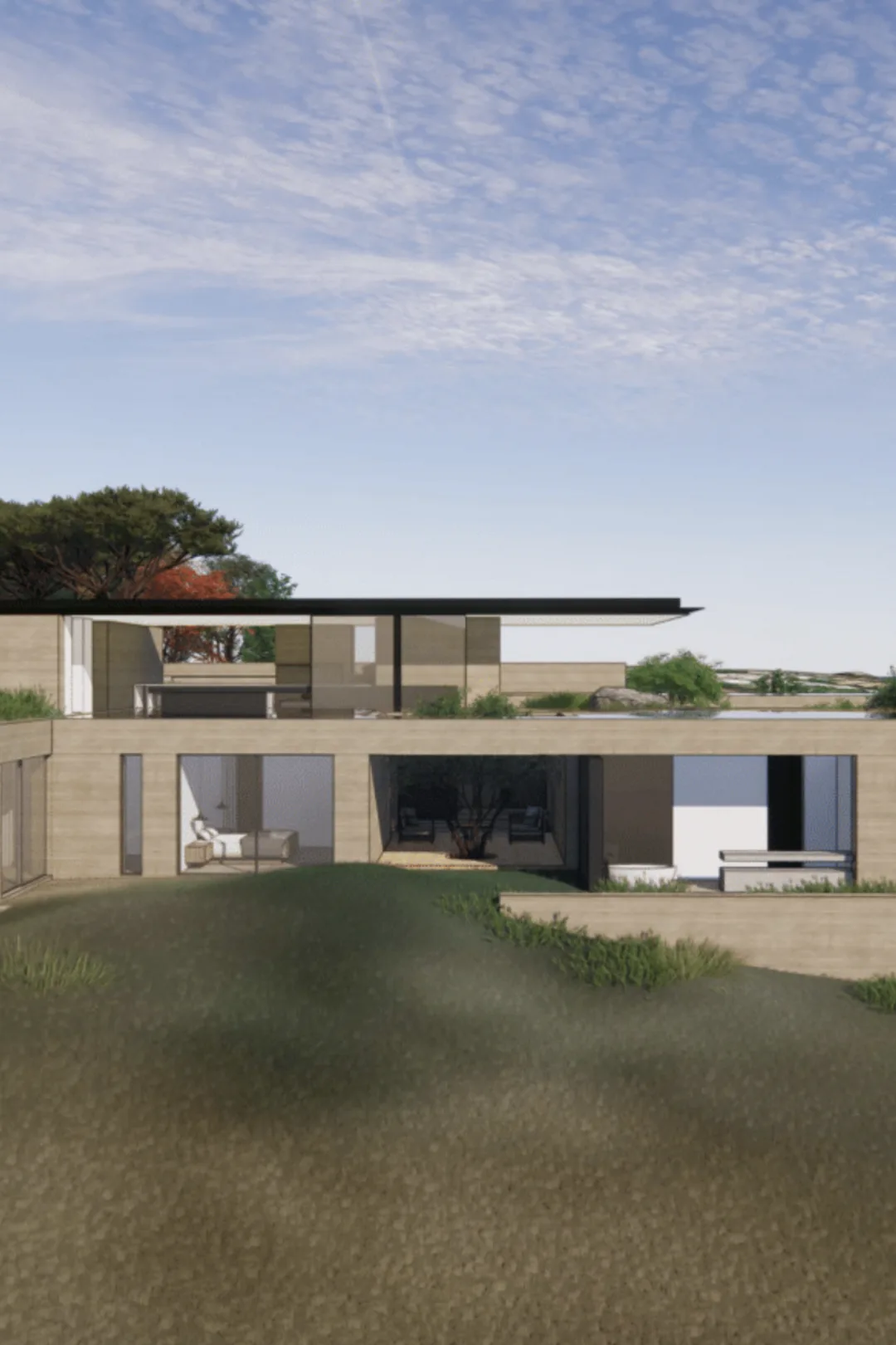 Floris Heights, rendered: a long low house set into a grassy Malibu hillside.