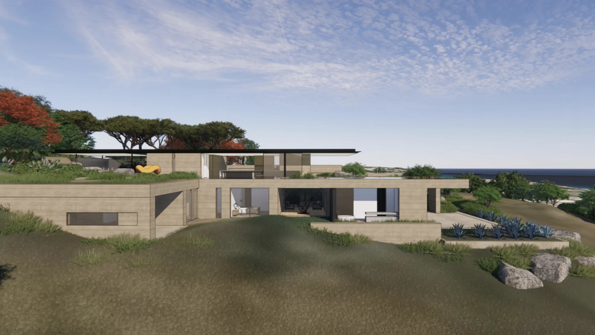 Floris Heights, rendered: a long low house set into a grassy Malibu hillside.