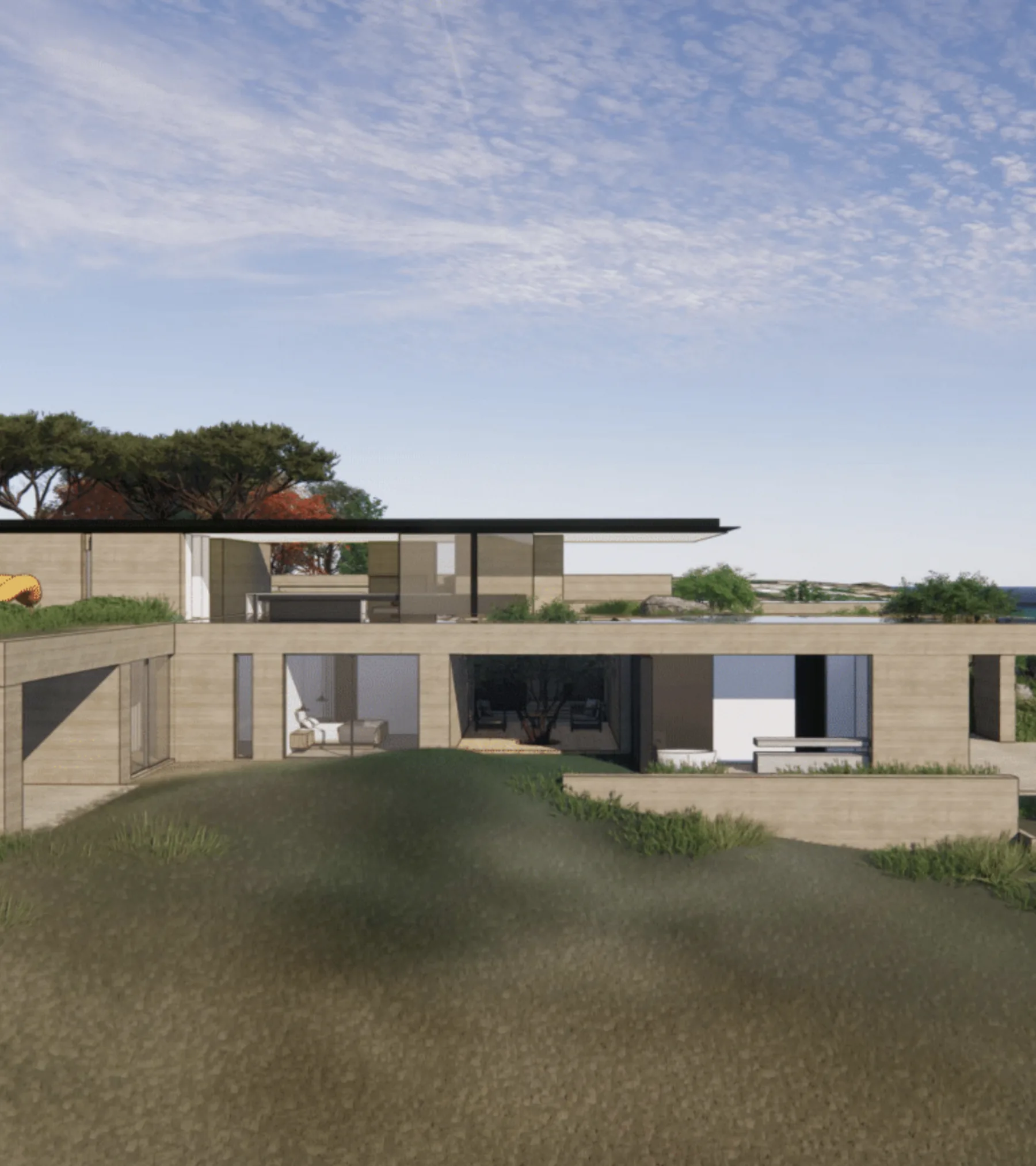 Floris Heights, rendered: a long low house set into a grassy Malibu hillside.