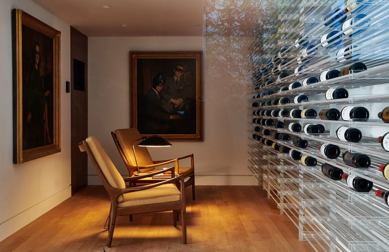 The wine cellar, lit.