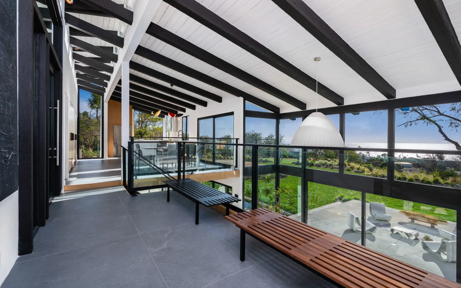 The beamed hall at 5901 Filaree Heights, Malibu.