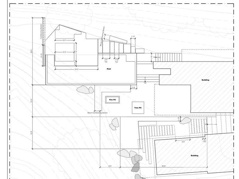 The layout plan of 20737 Cool Oak Way: terraces, steps and the pool.