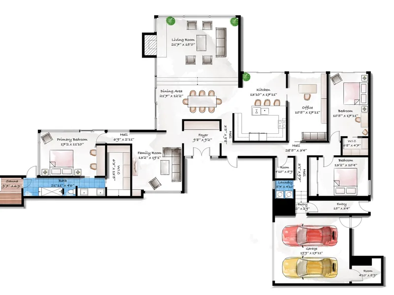 The watercolour floor plan of 20737 Cool Oak Way.
